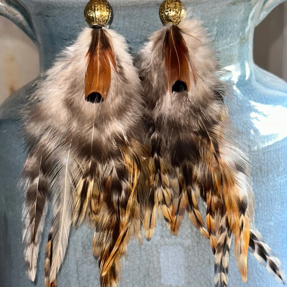 New Boho Brown Pheasant Feather Earrings 🪶 - Picture 1 of 10